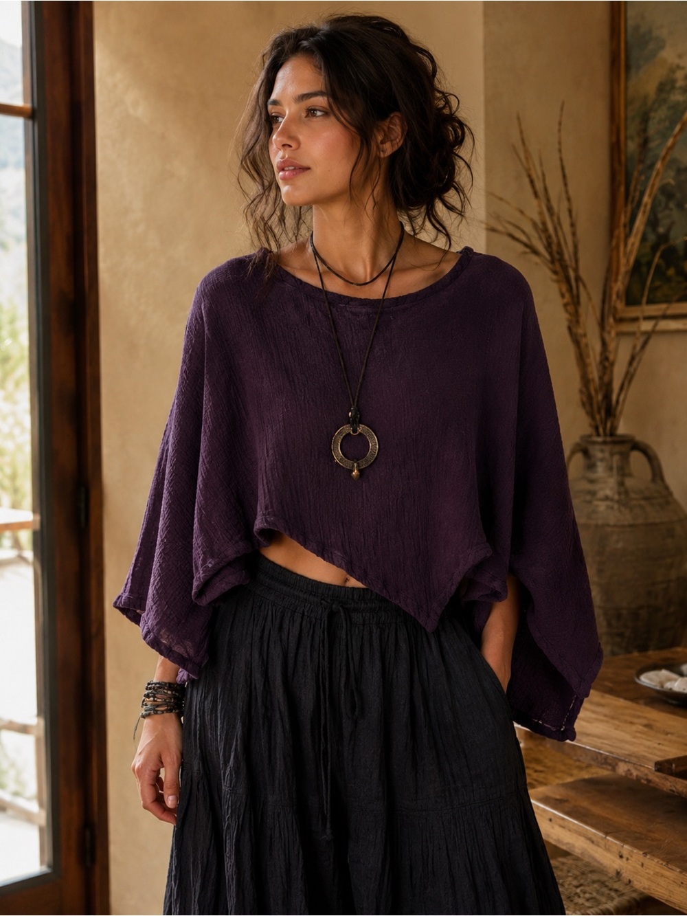 Abaca Plum Purple Cotton Gauze Asymmetrical Crop Lagenlook Boho Top